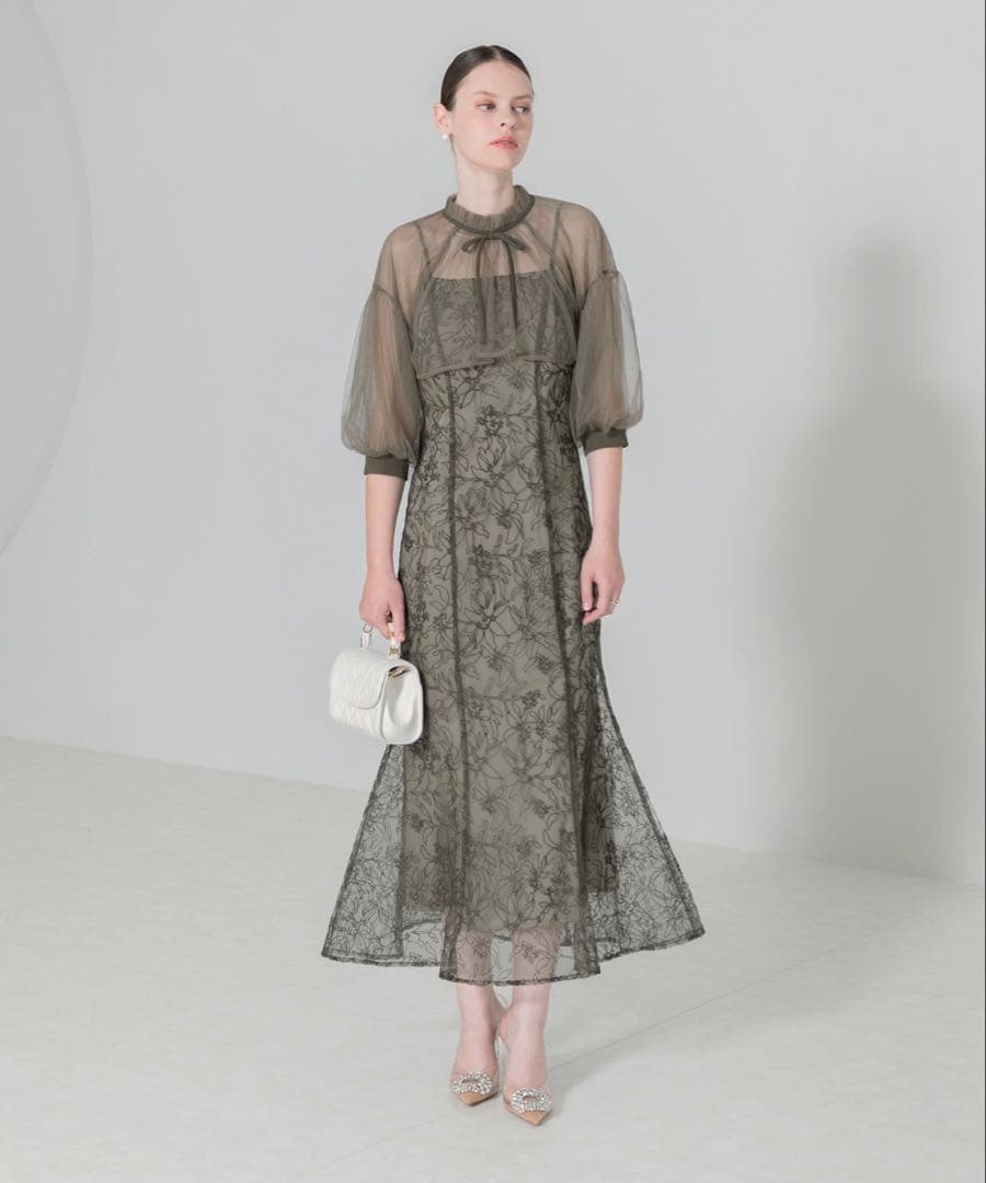 パフスリーブシアーボレロ刺繍マーメイドシルエットキャミワンピースセットアップ セール】【LEJA】リボン付きパフスリーブシアーボレロ刺繍レース