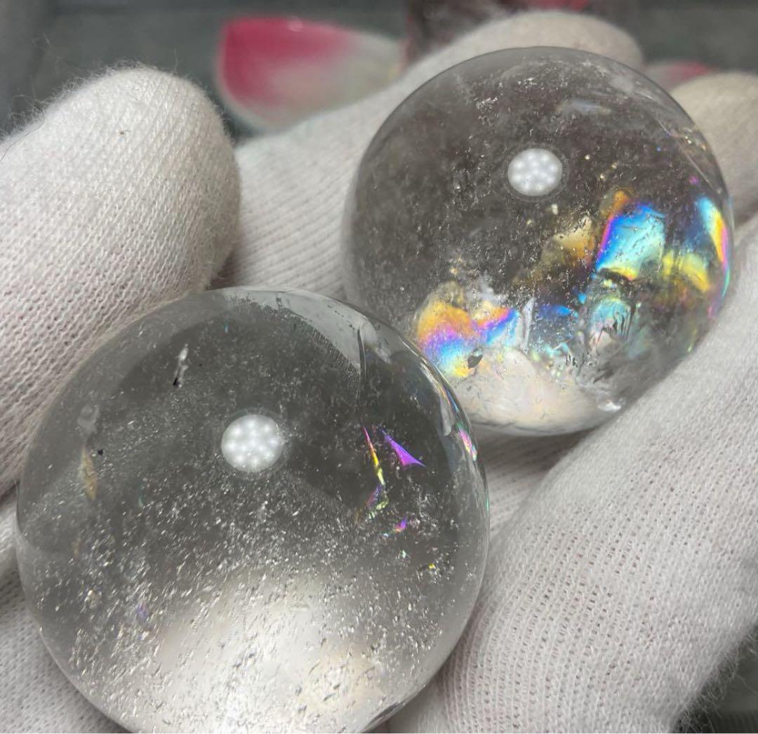 Z215-1半額特価アイリスクォーツ虹入り水晶スフィア蓮花台座セット