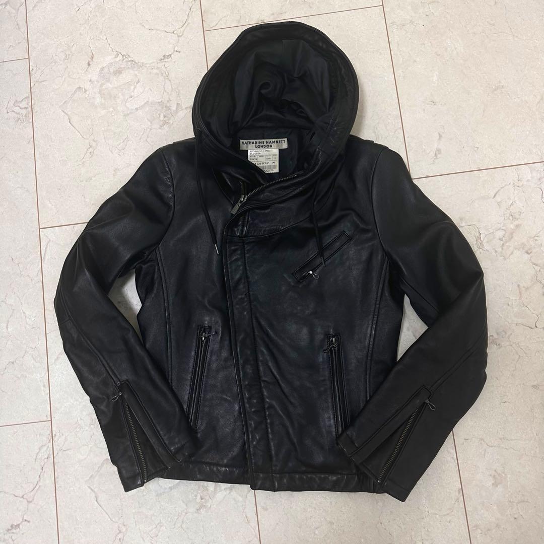 キャサリンハムネット ラムレザー　 フーディー ジャケット　ライダース　M キャサリンハムネットロンドン ライダースジャケット レザー