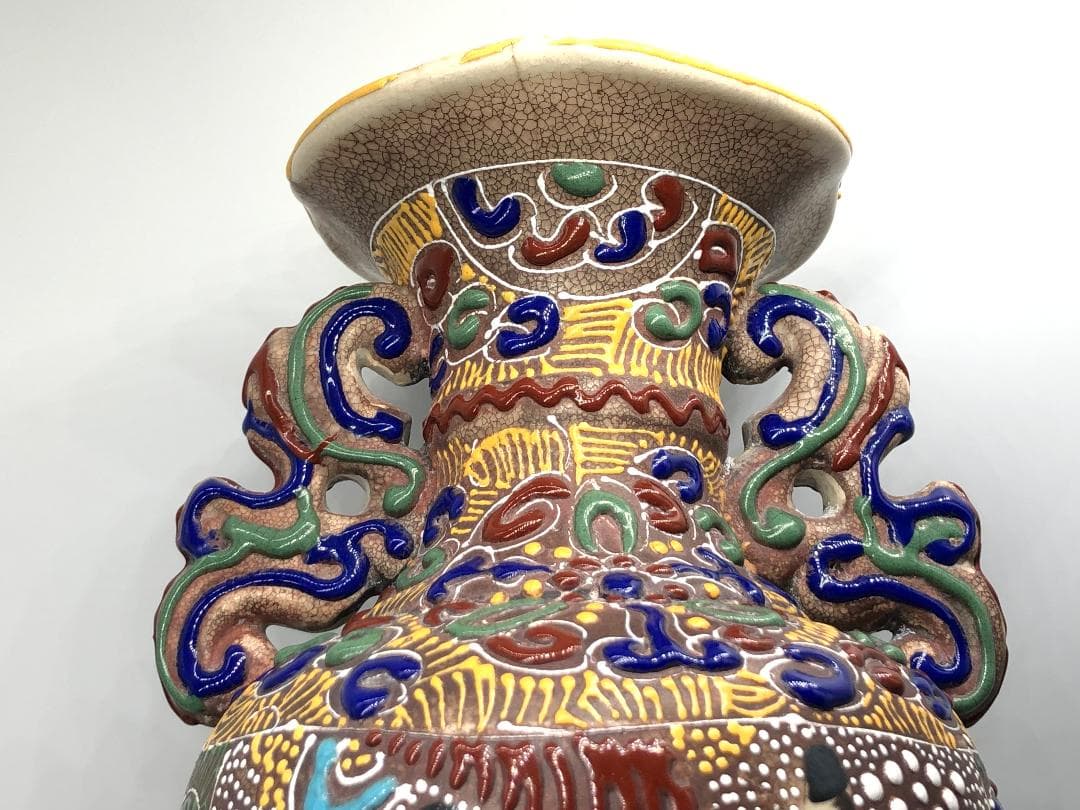 薩摩焼 粉彩貴人図双耳花生 】 高31．5cm 明治初期