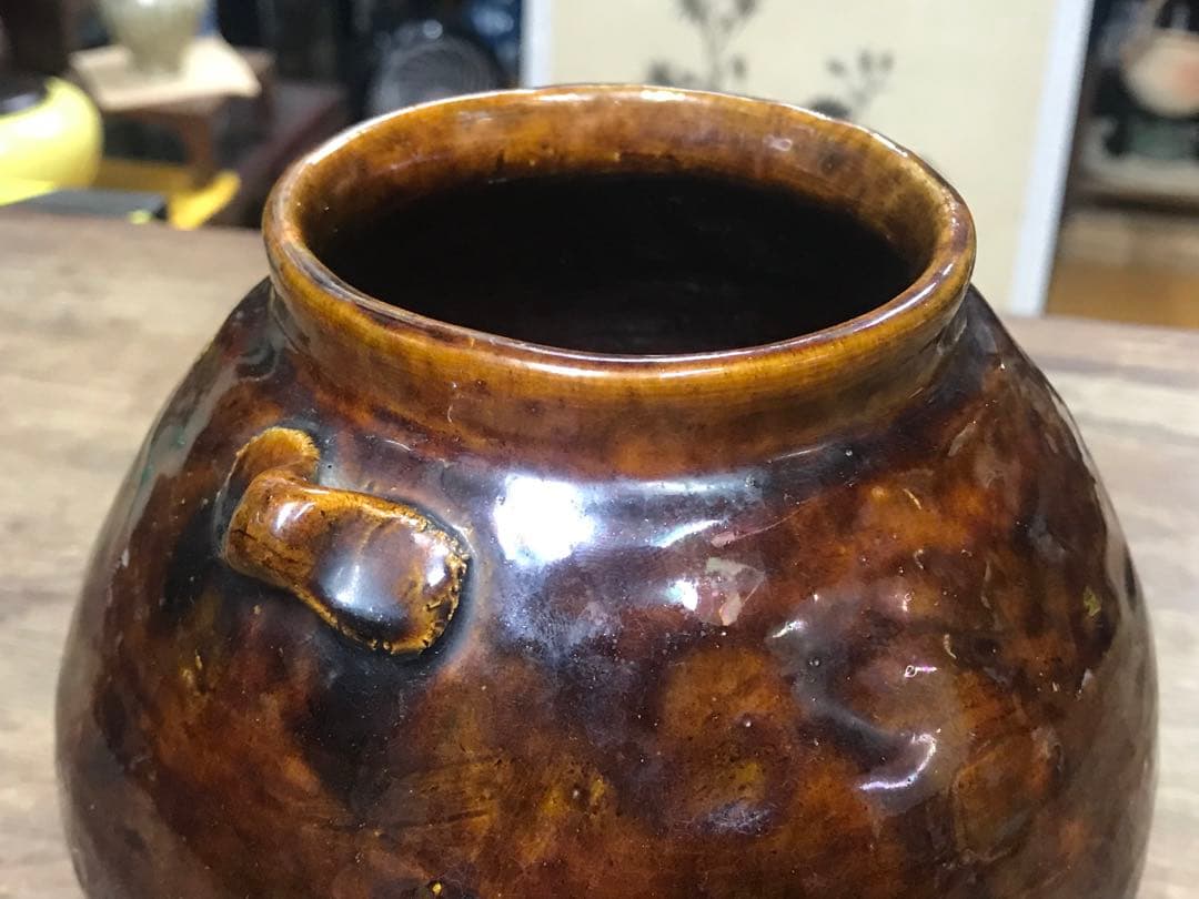 江戸期？骨董 飴釉壺 双耳付き花瓶 在銘 民藝 古民家 茶道具
