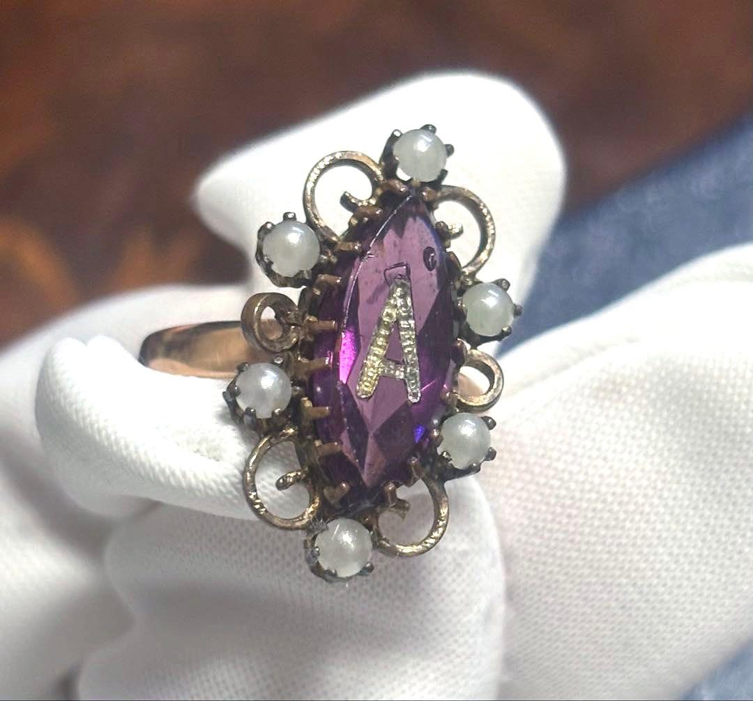 フランス アンティーク リング 指輪 ガラス パール パープル 鑑別書
