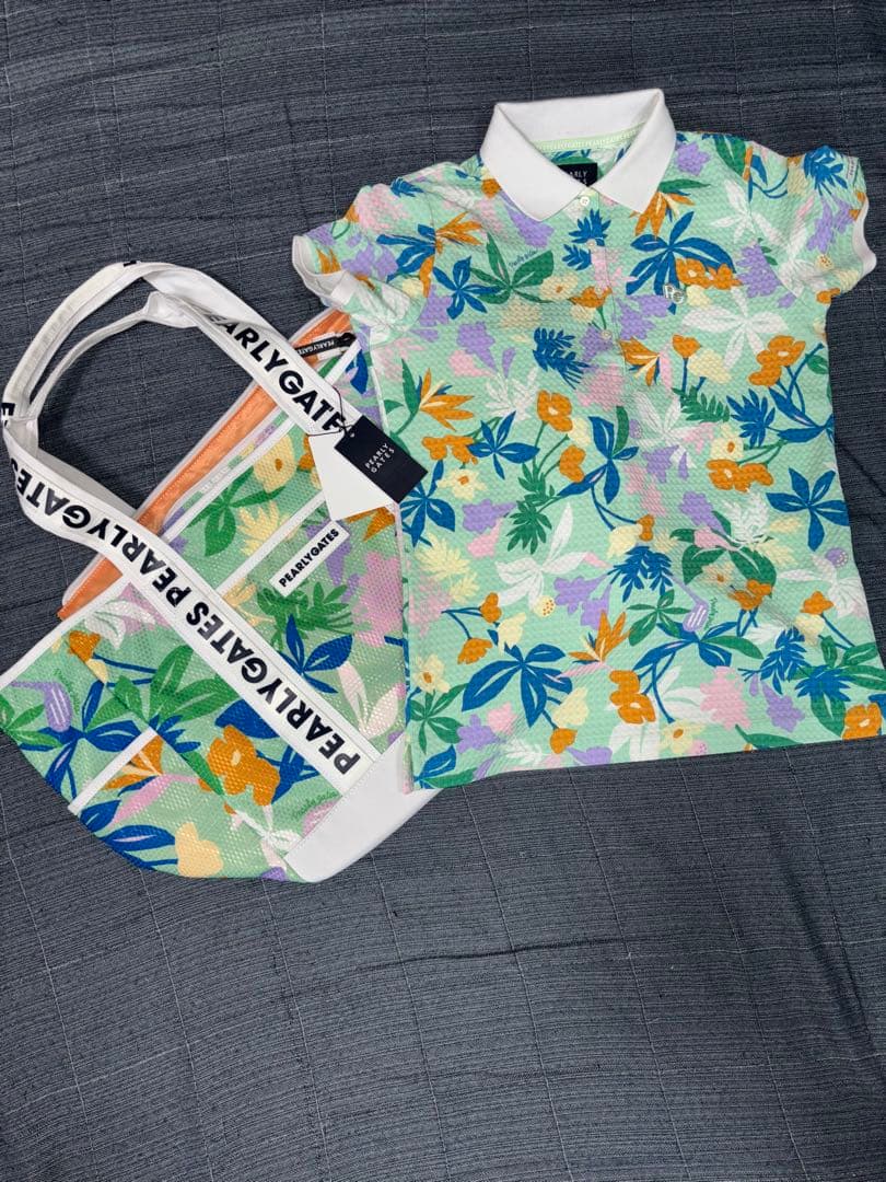 新品）パーリーゲイツ、ボタニカル柄、ロッカーバッグとポロシャツ