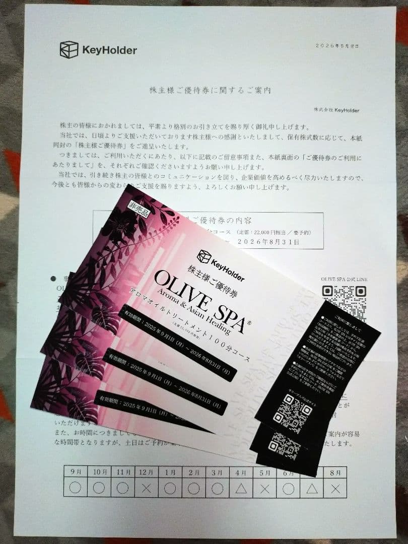 オリーブスパ アロマオイルトリートメント100分コース株主優待券 3枚