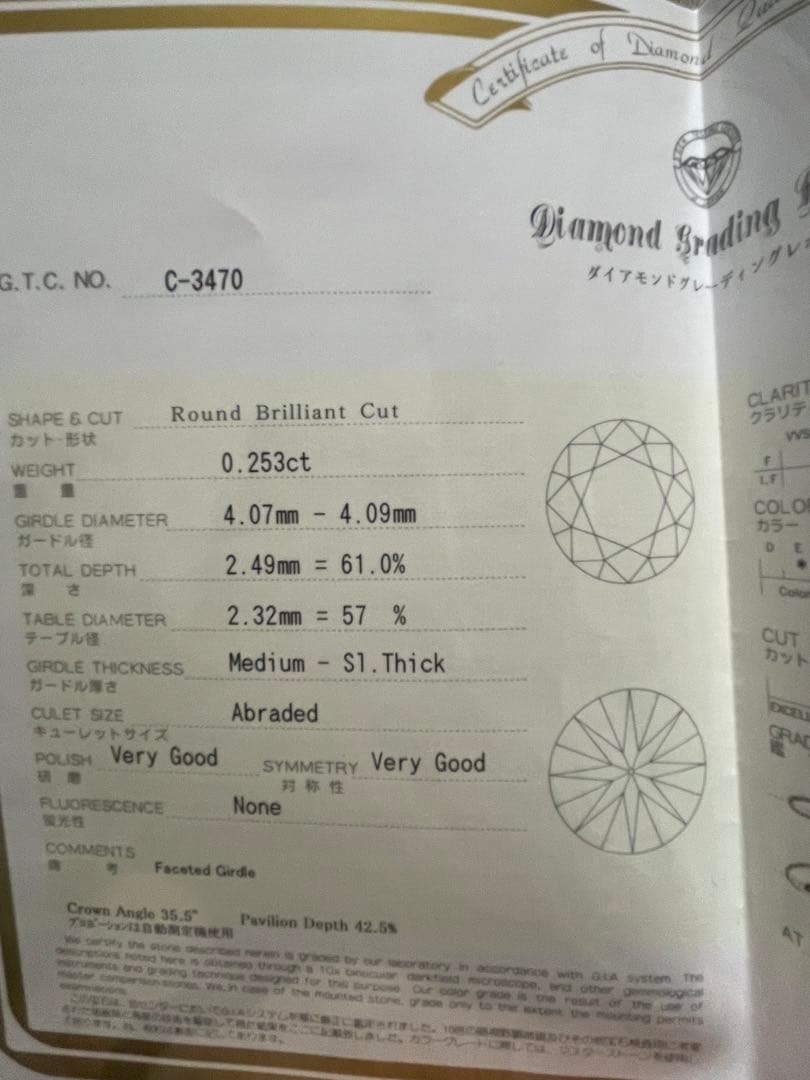 値下※美品★鑑定書付き！最高級♪4°c Pt950 ダイヤリング 0.253ct