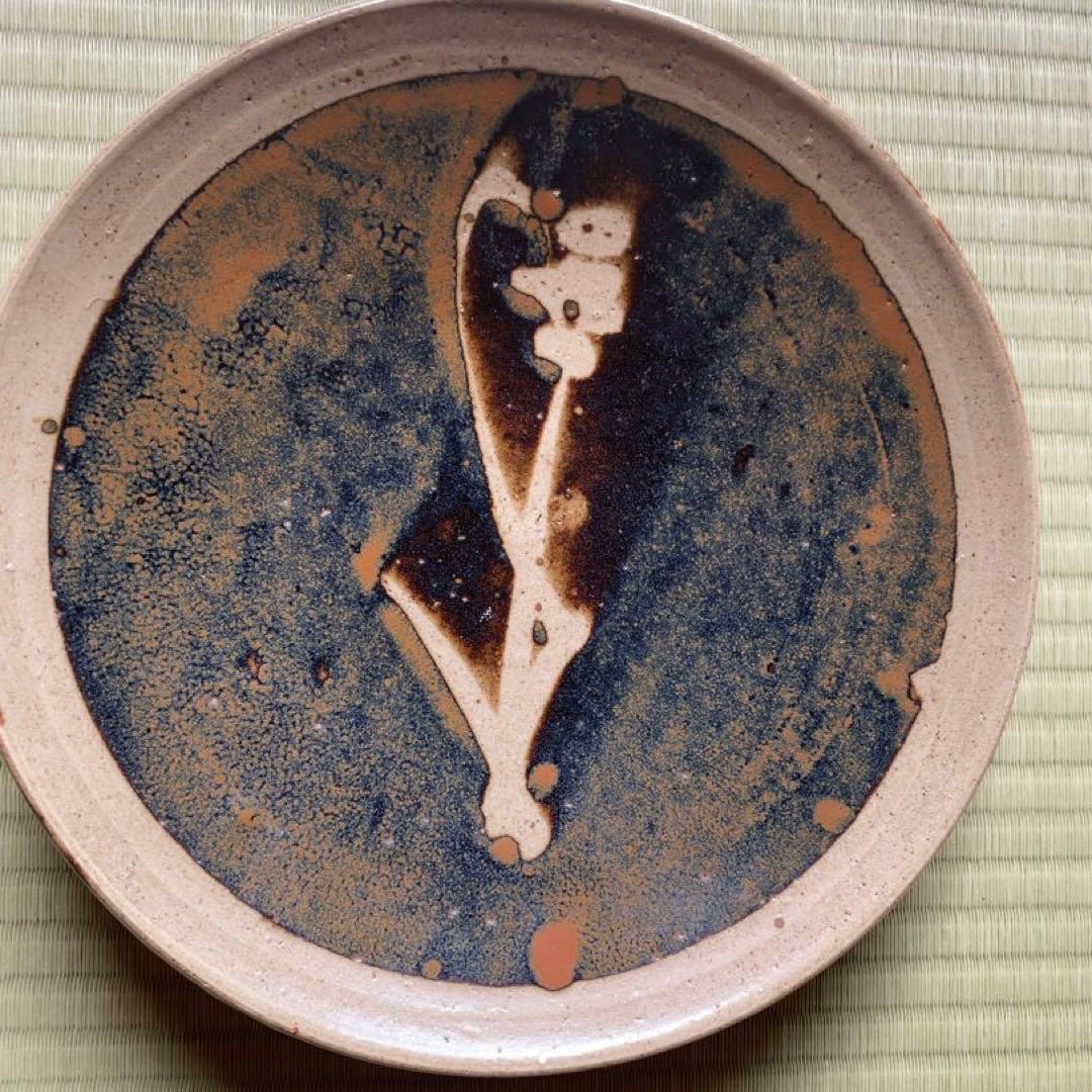 極上！優美大皿人間国宝濱田庄司作 《唐黍文柿釉抜絵皿》（検益子焼浜田庄司