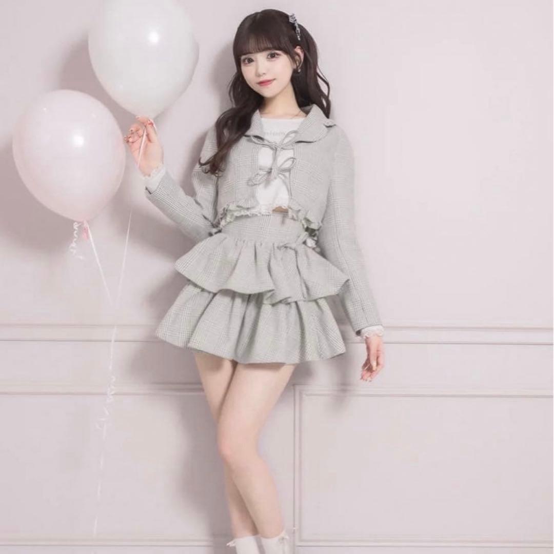 pium ラメチェックフロントリボンジャケット サイドリボンティアード