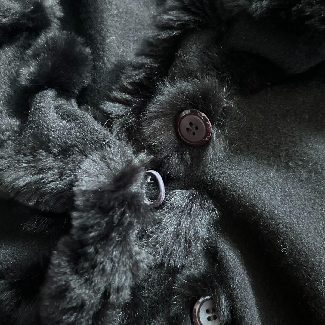 ランバンコレクション ファー付きポンチョ ウール ブラック ラビット