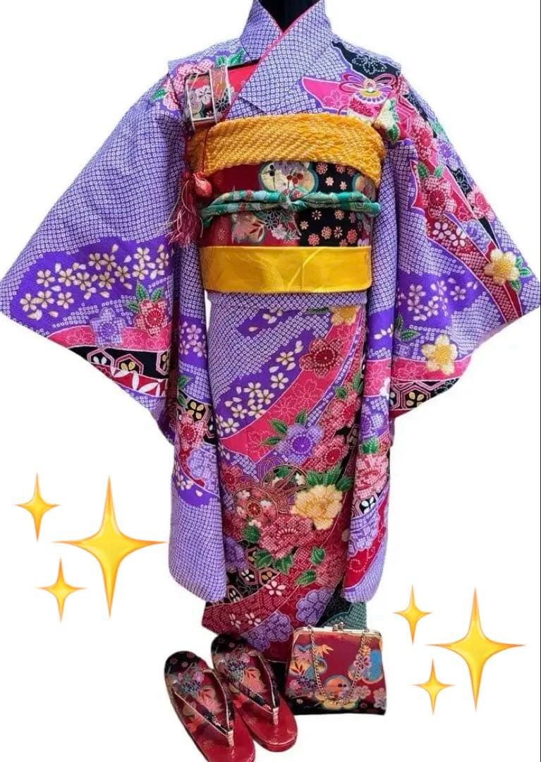 七五三 七歳 着物フルセット 紫 帯 小物一式 草履 七五三 7歳 フルセット