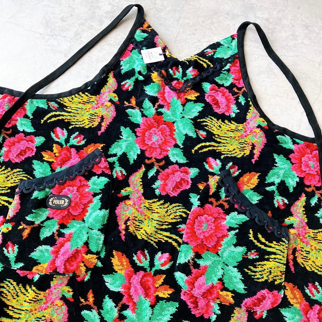 未使用美品＊ FEILER フェイラー エプロン 花 鳥 ドイツ製生地 黒