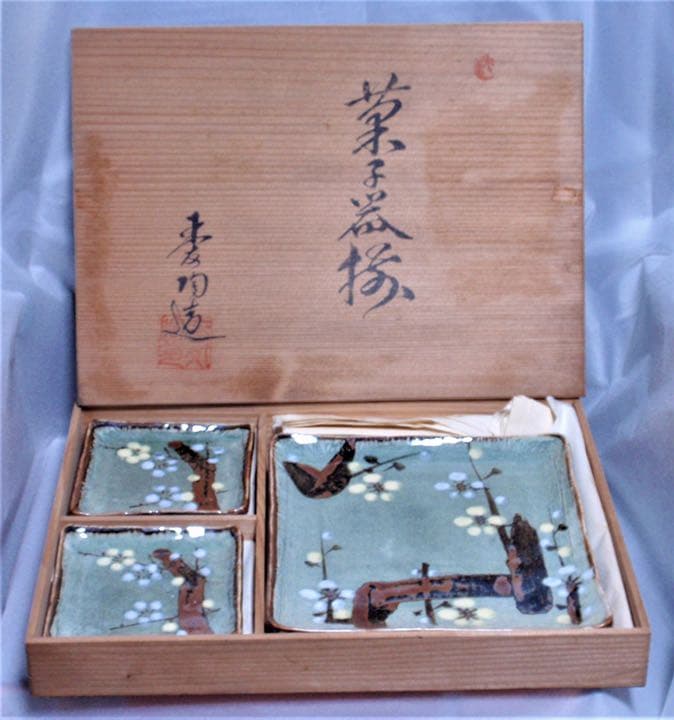 織部焼　青織部　瀬戸赤津焼　菓子器揃　角皿1客・銘々皿５客組 小皿 総織部 八角 銘々皿 (5客組) 棚橋淳作 T-184 : 織部の器 千瓢