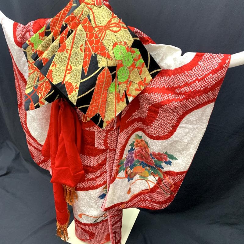 512ag35□七五三 七歳 女児 着物&袋帯 花車 絞染め 白赤□状態