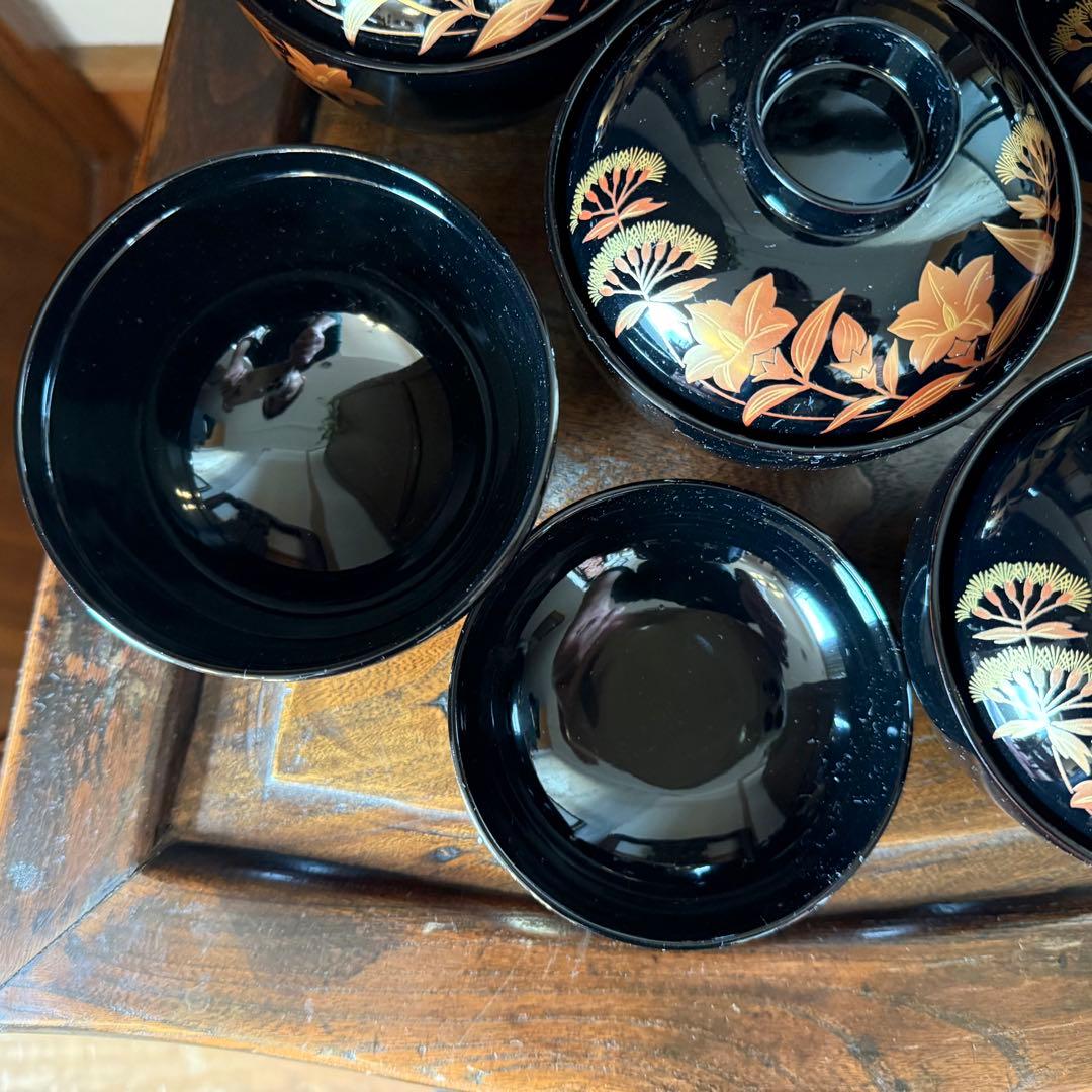 未使用品 乙造作 輪島塗秋草蒔絵吸い物椀 5客セット 桐箱付き 黒の