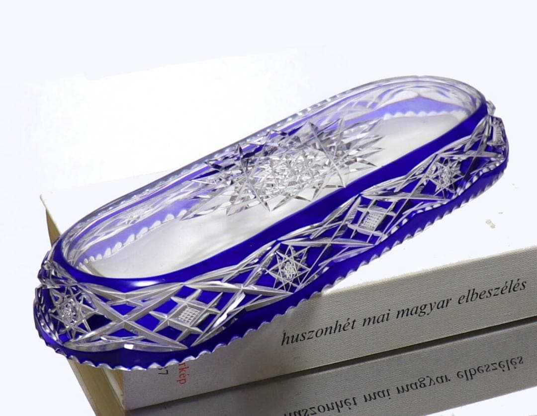 オールド・バカラ 上級作品 青色装飾 長皿 切子 24.4cm 大型 プレート