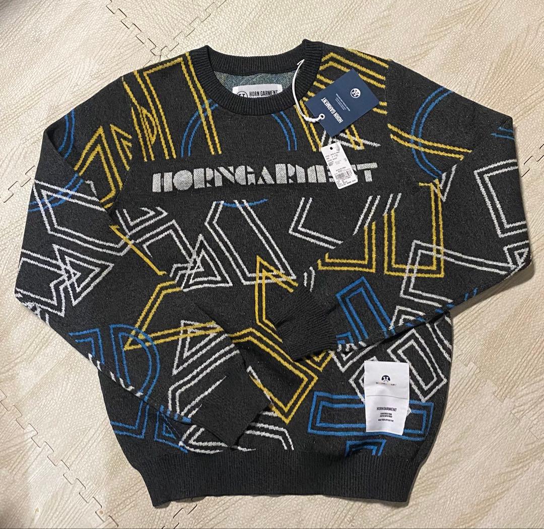HORN GARMENT 幾何学模様セーター 40 Lサイズ 12G 幾何学柄 クルーネック セーター (B＆T CLUB) ビーアンドティー