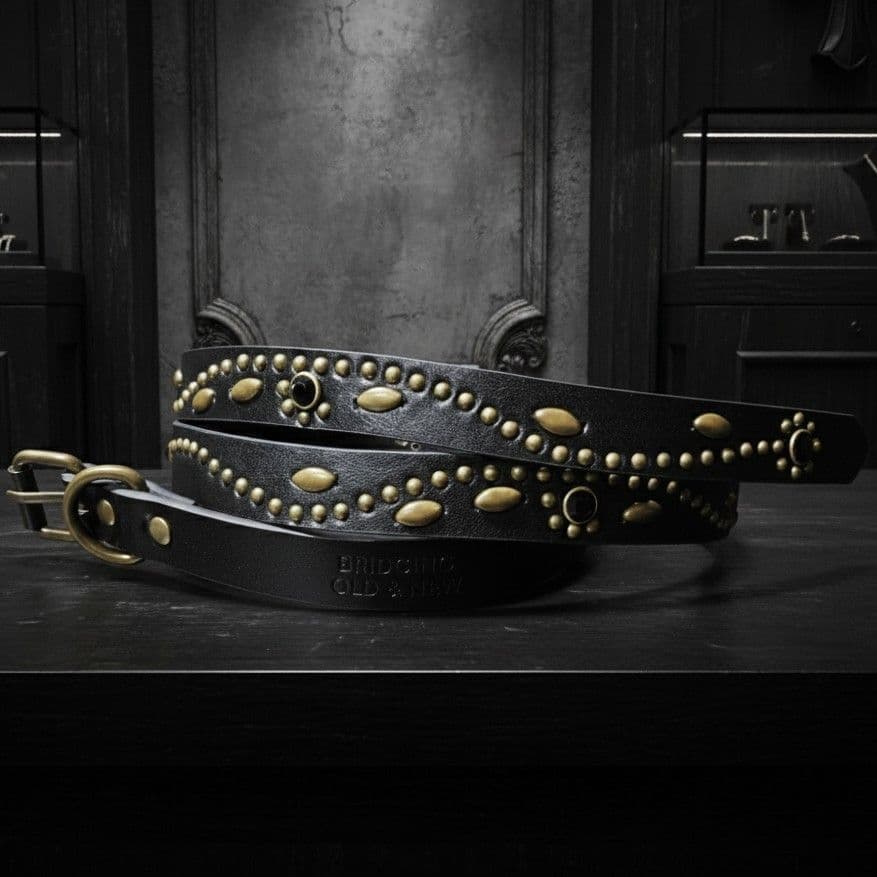 フラワー黒金□本革レザーフルスタッズナローベルト☆アメカジ古着