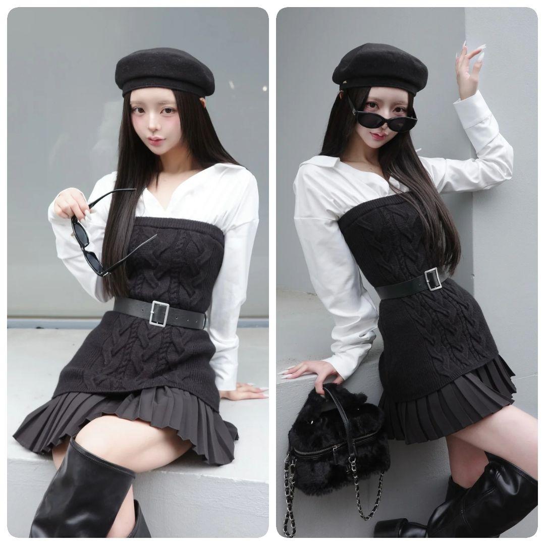 Darich ダーリッチ シャツドッキングプリーツニットミニワンピース FREE