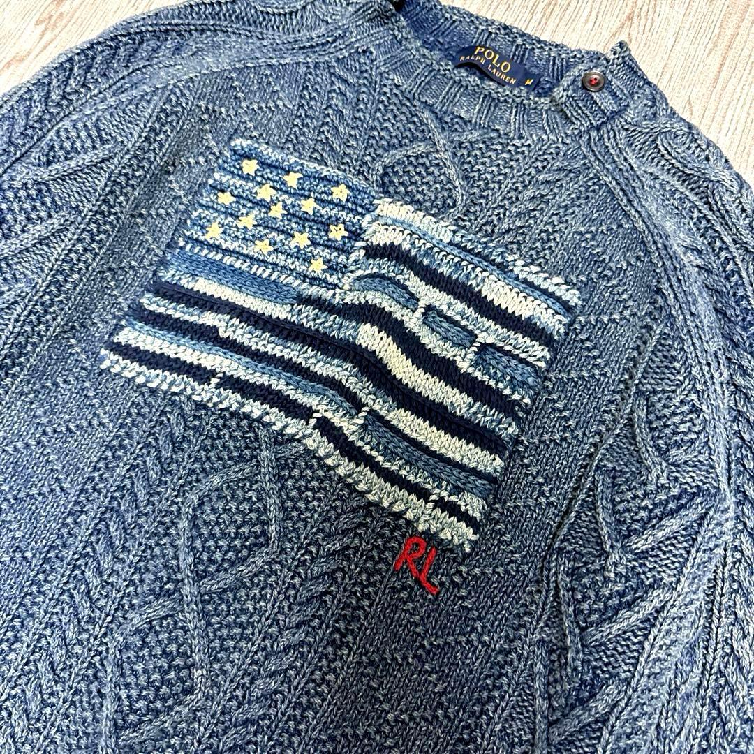 名作 ラルフローレン インディゴ 藍染 星条旗 ケーブル ニット アラン