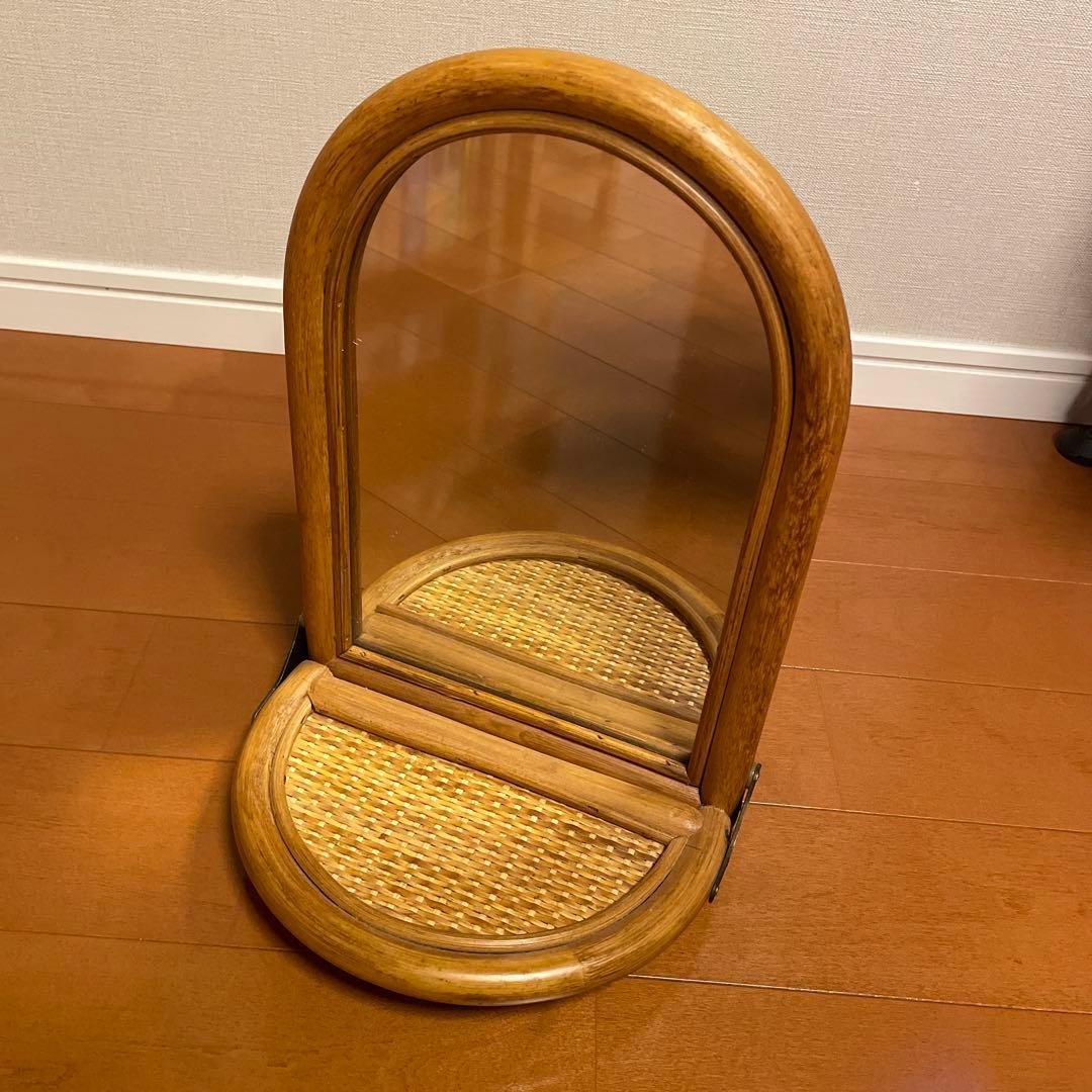 カネボウ】ヴィンテージ ラタンの壁掛けミラー ラウンド型（箱付き