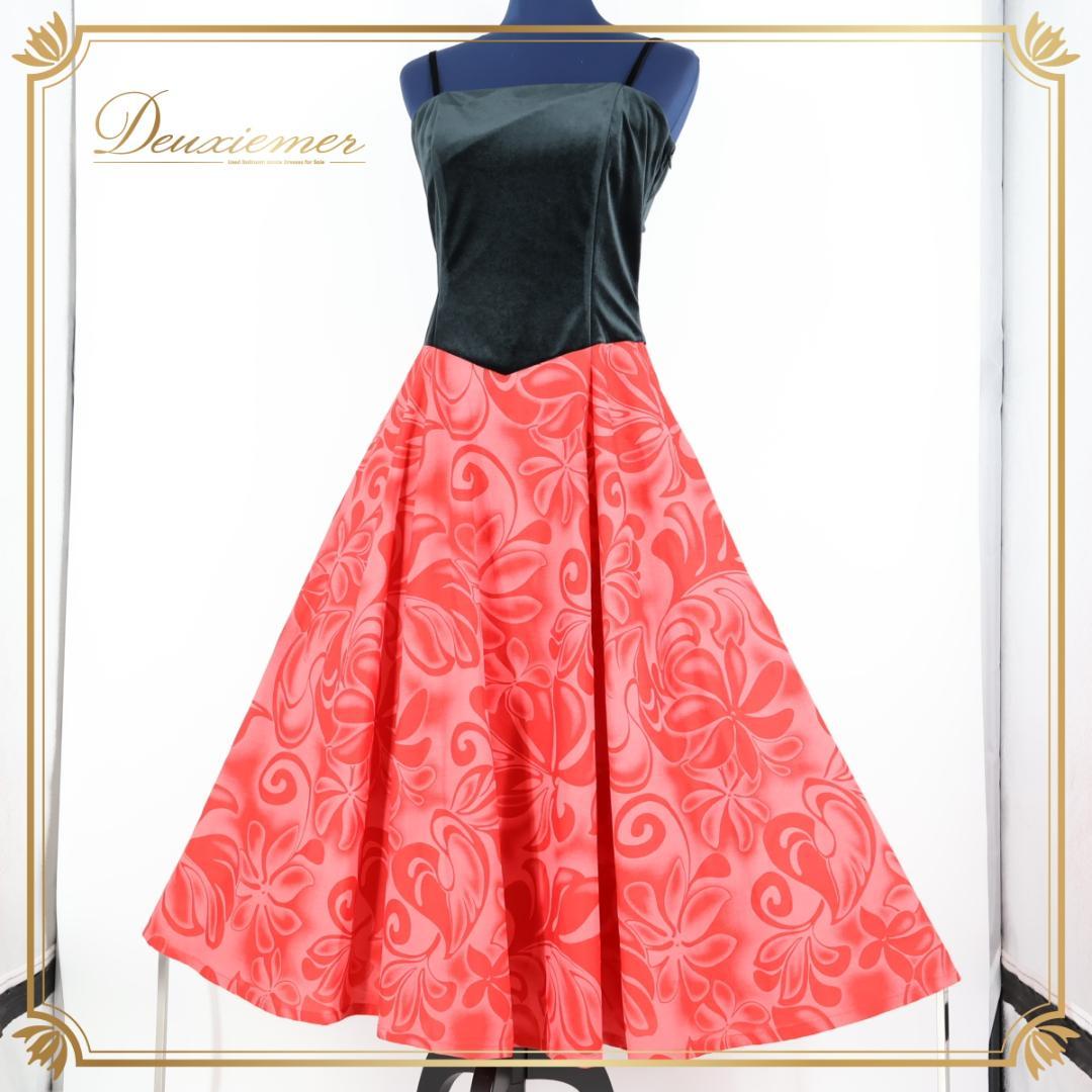 日本製 フラダンス衣装】レッド Hula Ku ワンピース 赤 黒 花柄 ③