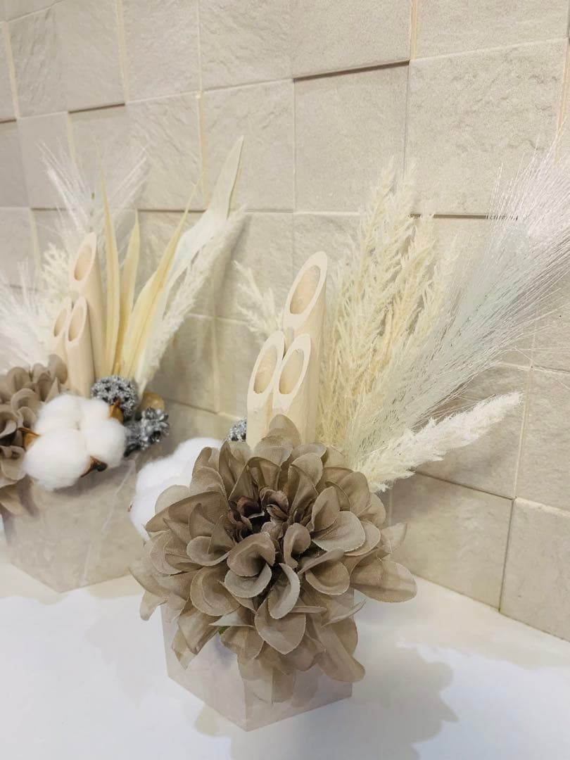 お正月飾り 門松 2025年 ハンドメイド 門松アレンジ 2個セット グレー