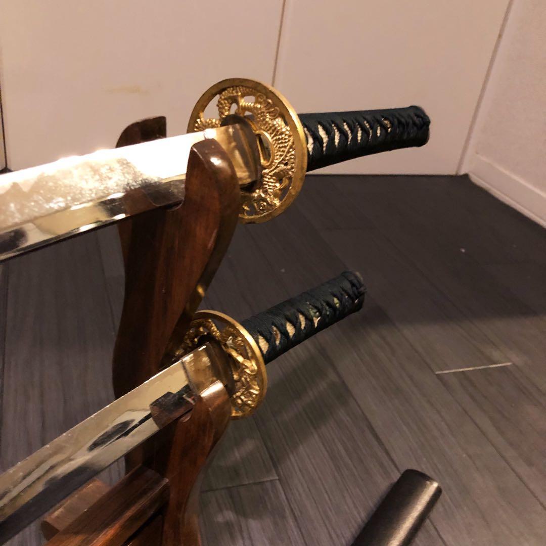 高級模造刀 金鍔 美術刀剣 太刀 脇差 大小セット 緑拵え 2本セット