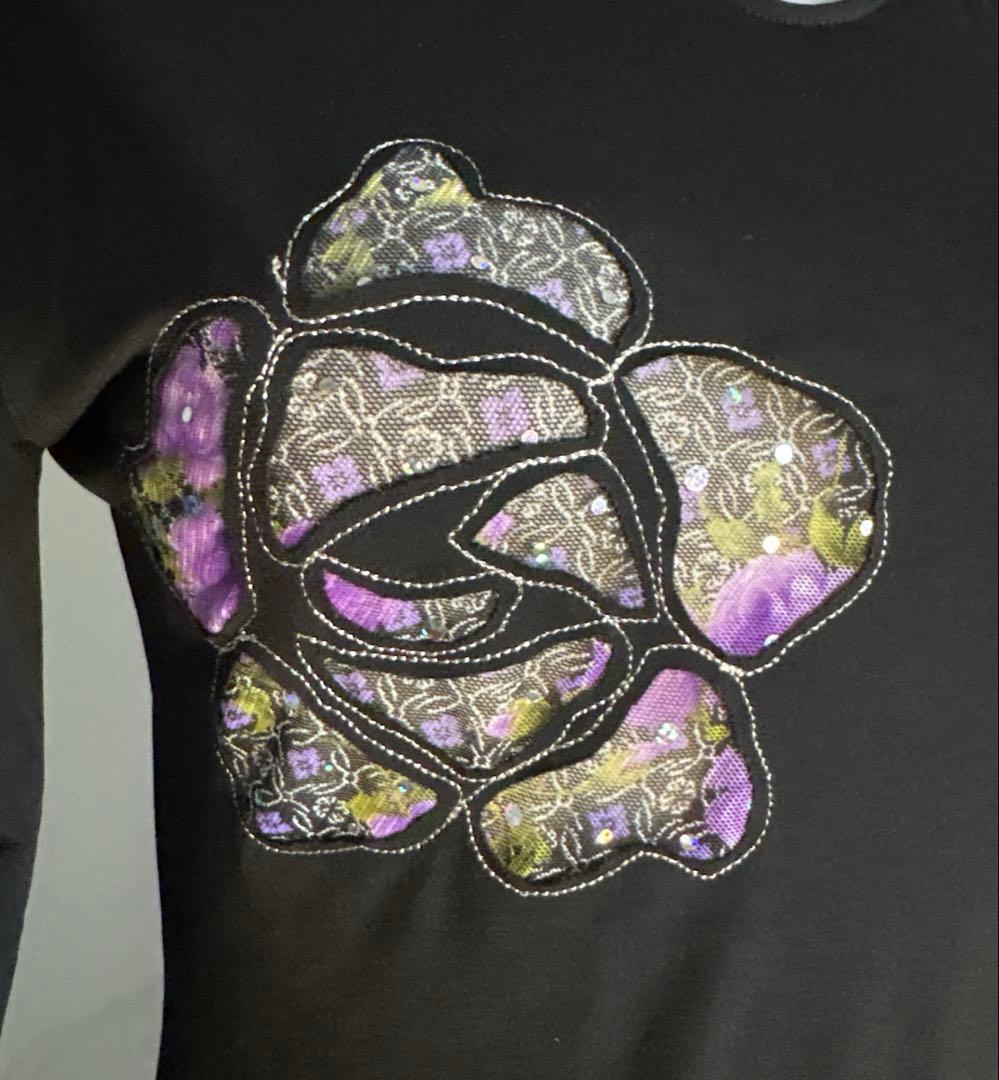 社交ダンスレッスンウェア 黒地に繊細な紫花柄 社交ダンストップス