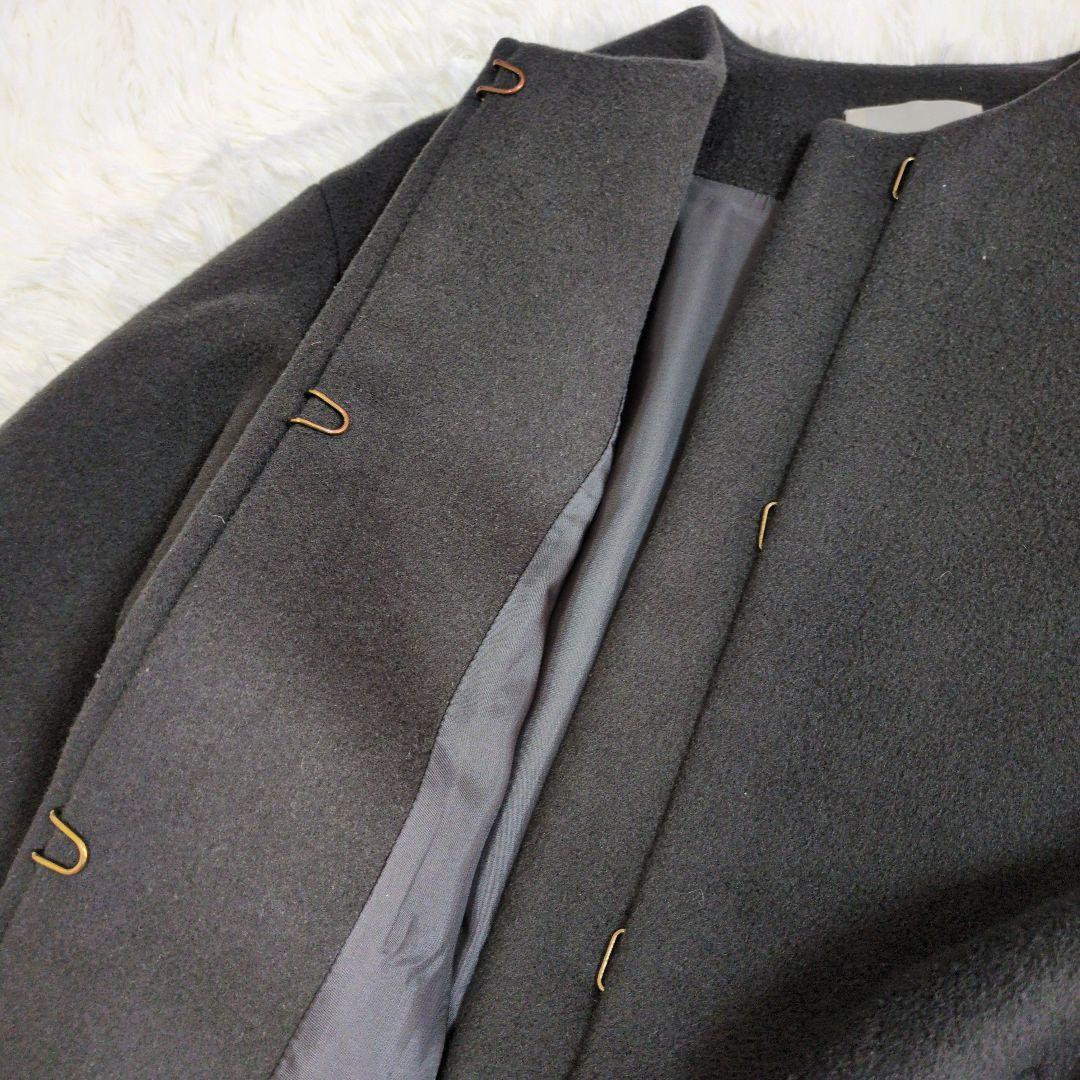 IENA イエナ ノーカラー ロングコート ラムウール 羊毛 チャコール グレー