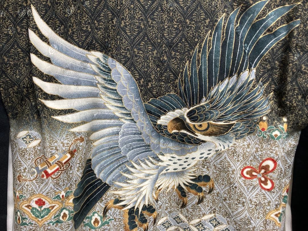 五歳男児七五三お宮参り 着物羽織長襦袢セット 茶黒金地模様 個性的