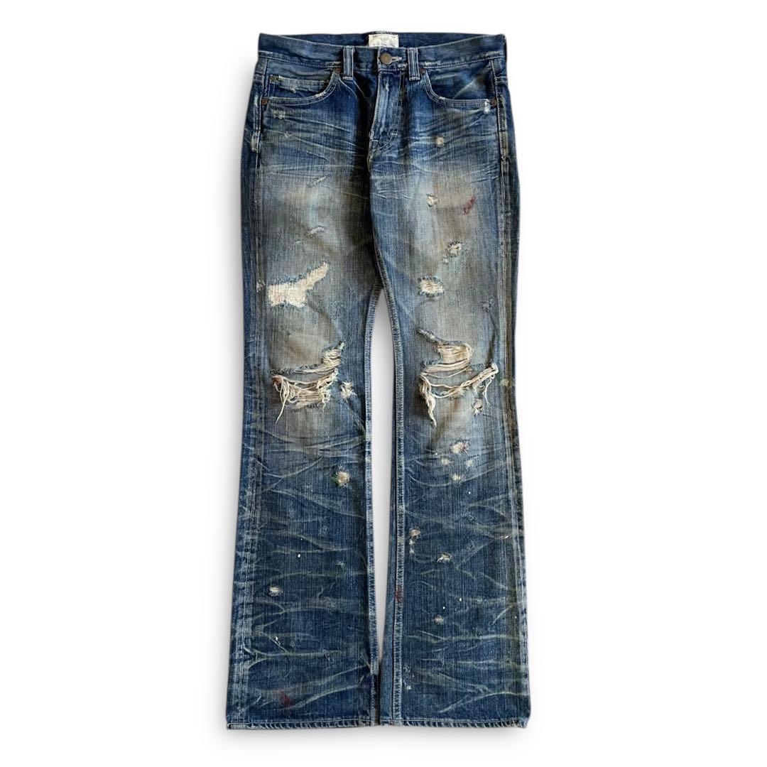 00s y2k 鬼ヒゲ ダメージ フレアデニム 襤褸 ペンキ リペア グランジ