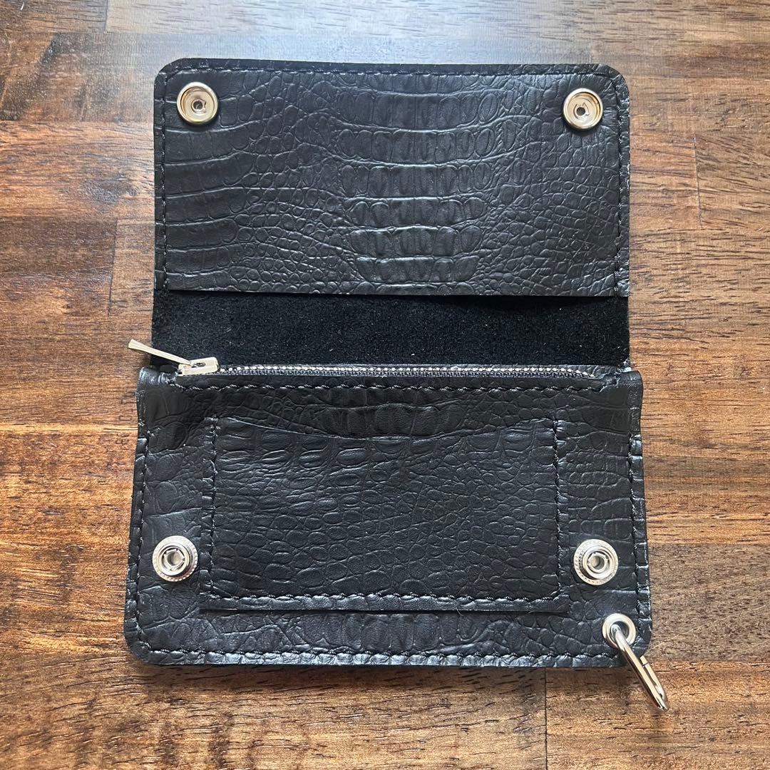 姫路レザー トラッカーウォレット ミドル 黒 クロコ型押し 『紙幣折ら