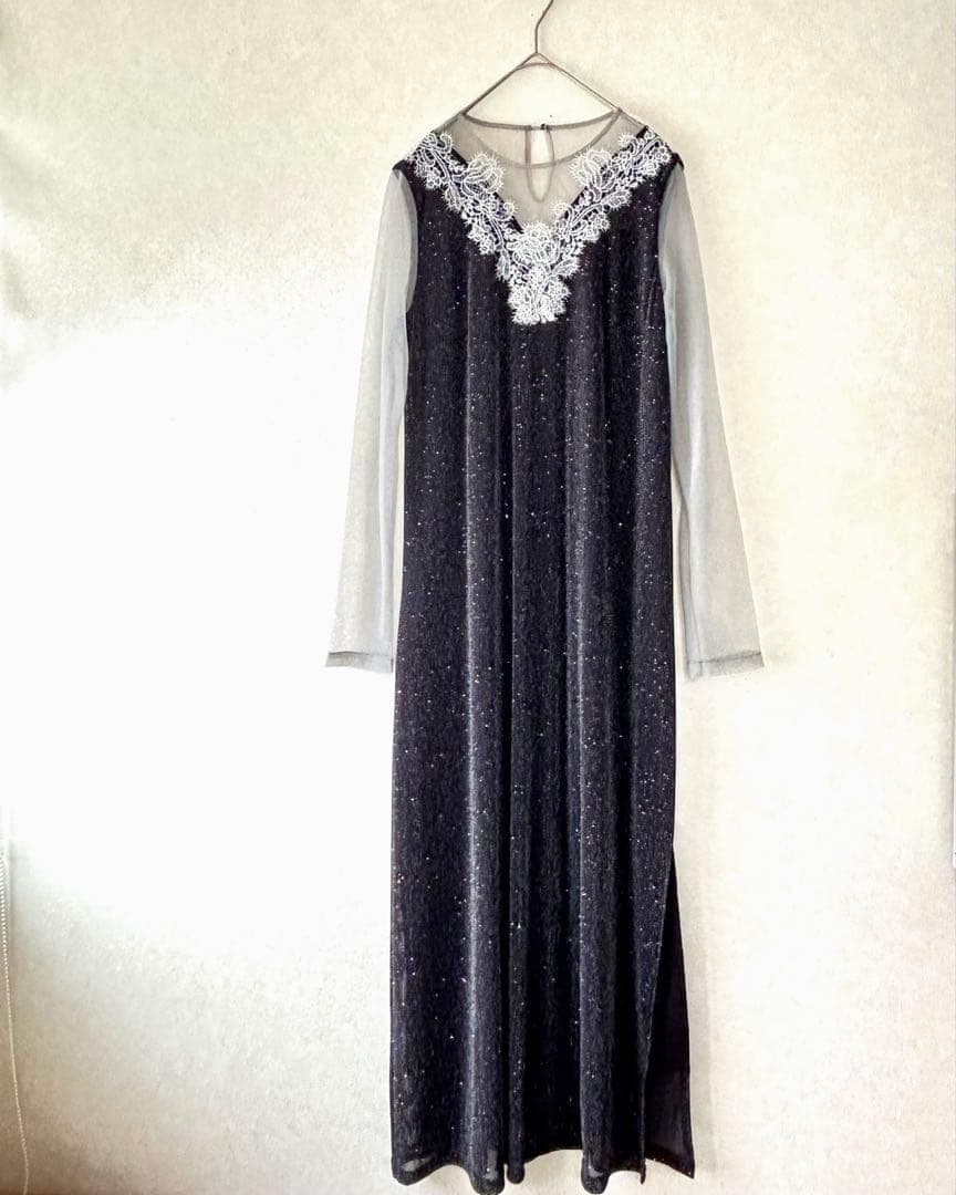 leja]レジャレースネック透け袖スリットキラキラロングドレス