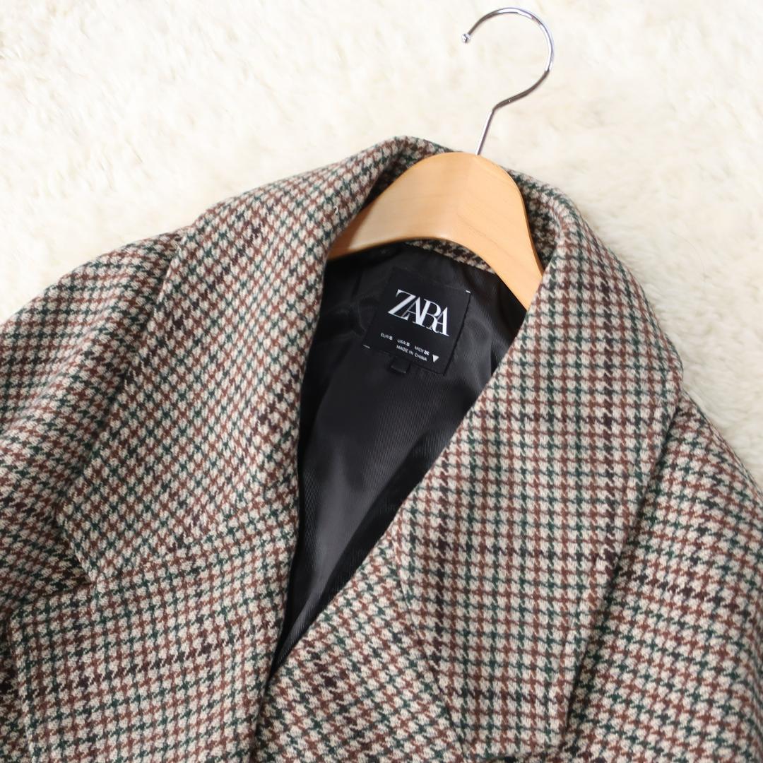 ザラ ZARA ロング チェスターコート 千鳥格子 チェック柄 ウール混 S