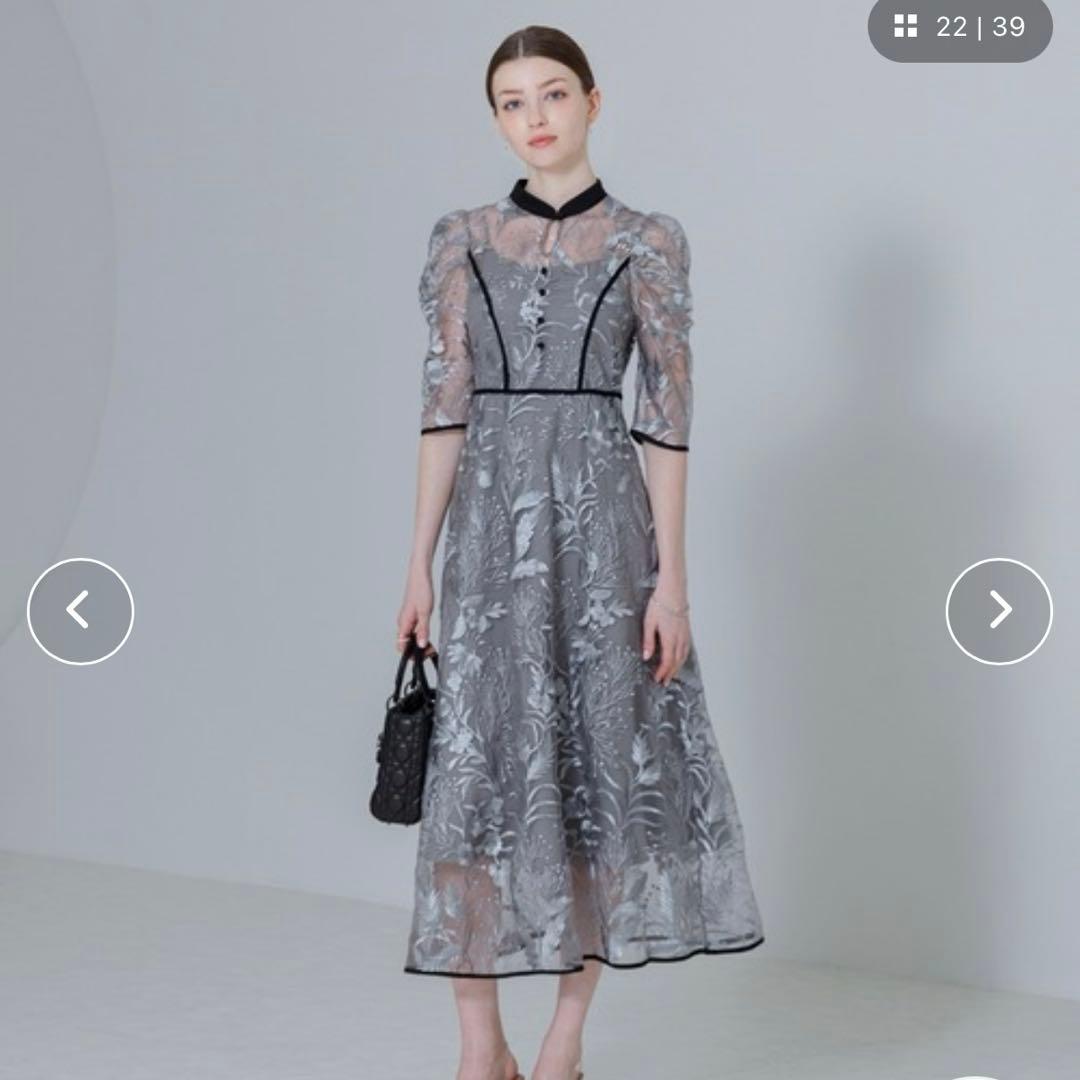 【ここあ】LEJA 花柄刺繍レースチュールパフスリーブワンピース セール】【LEJA】花柄刺繍レースチュールパフスリーブウエストマーク