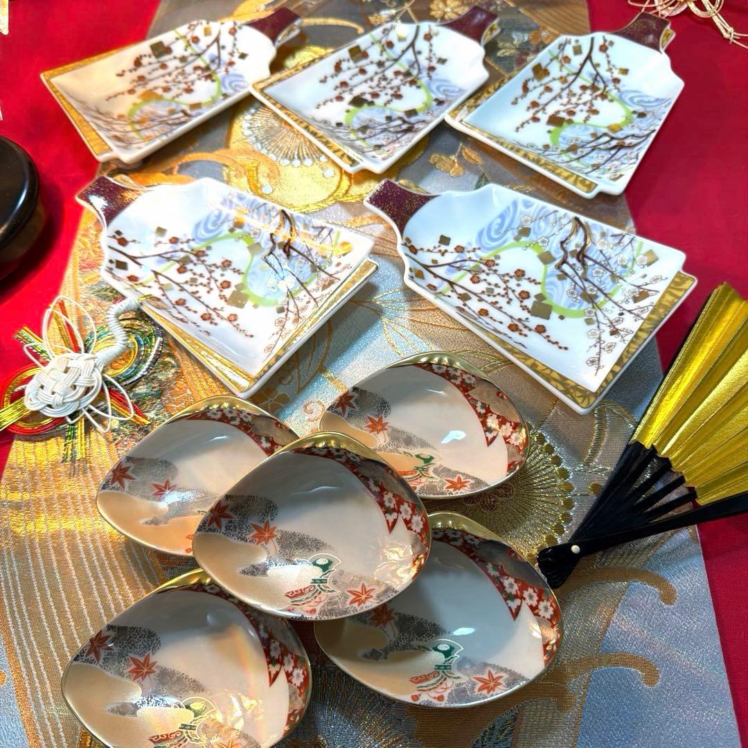 前畑陶器　庫山窯初梅　羽子板皿　春秋貝型　珍味入れ　豪華箸置き　No.4-47