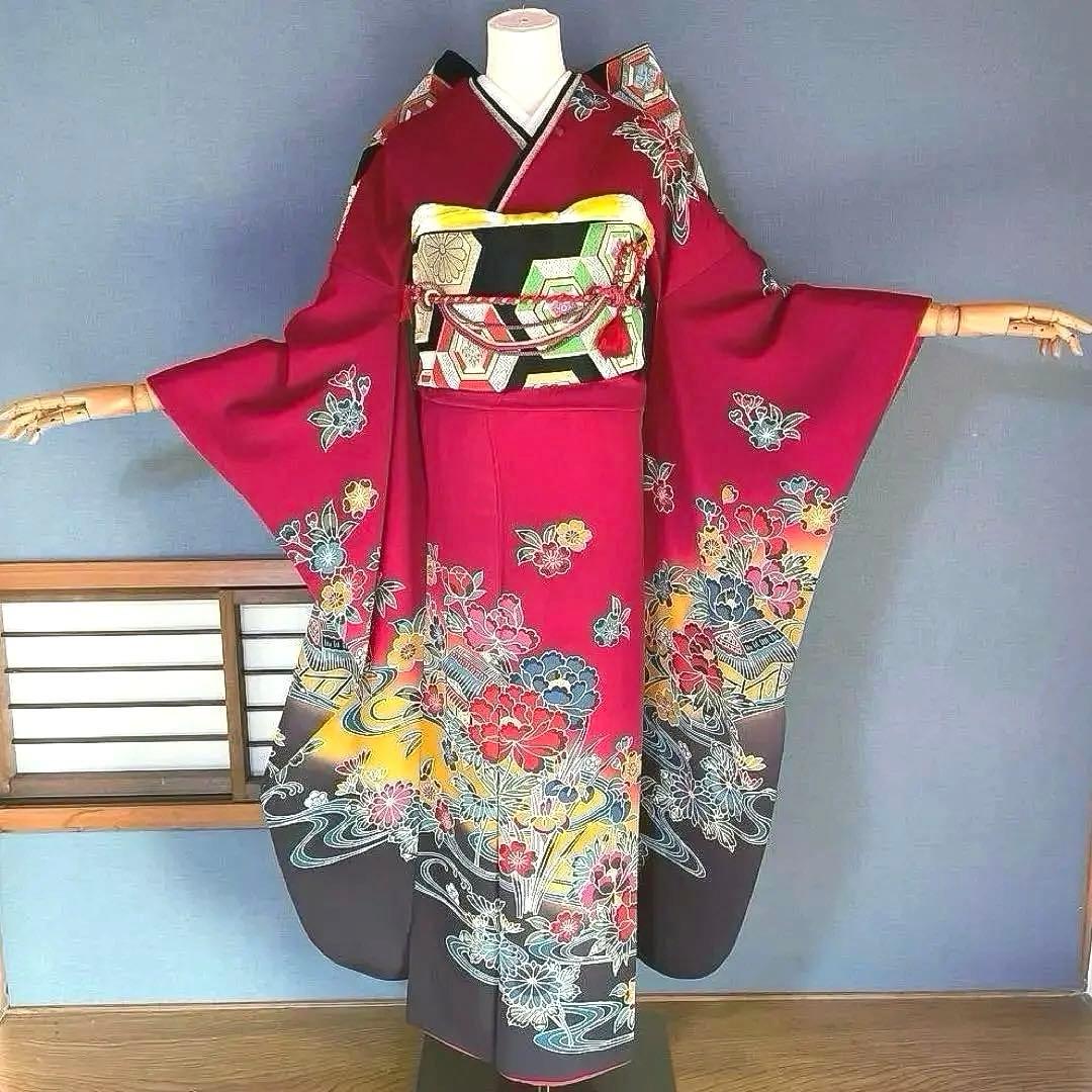 振袖フルセット　高身長　紅型　手描き友禅　成人式振袖　振袖　裄丈71 赤 振袖フルセット 高身長 紅型 手描き友禅 成人式振袖 振袖 裄丈71 赤