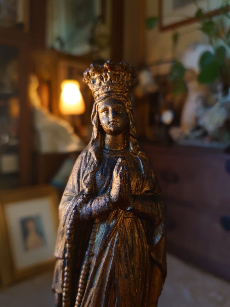 フランス1900s'マリア様 金彩 メタル像 メタル製 勝利の 聖母子 マリア像 h24.8cm フランス アンティーク