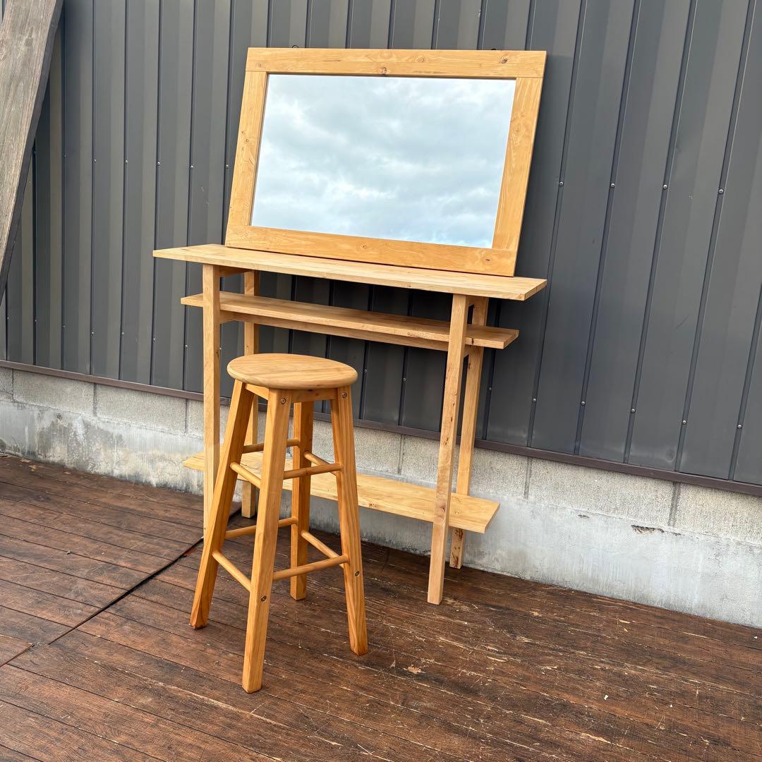 C3 北欧レトロ パイン材 木製カウンターテーブルドレッサー 鏡台スツールセット カウンターテーブルセット 2人用 カウンターセット 3点 ハイテーブル