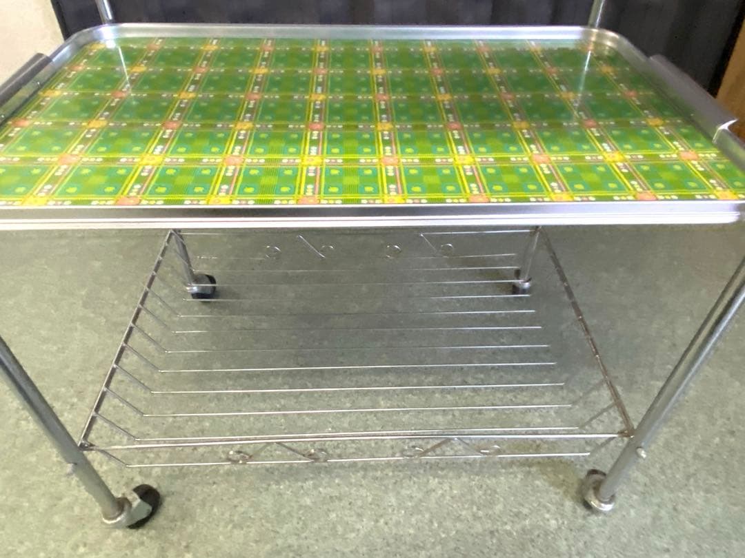 昭和レトロ】緑のチェック柄キッチンワゴン