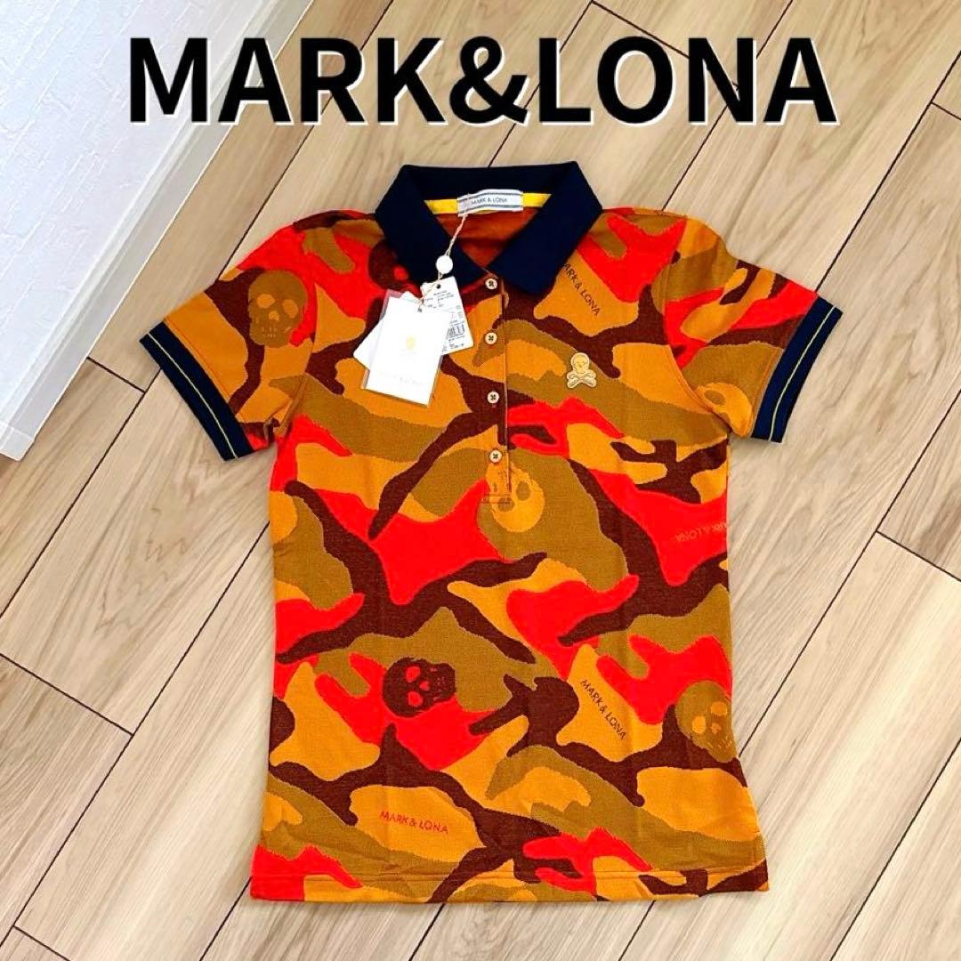 【新品】マークアンドロナ ポロシャツ ゴルフウェア 半袖迷彩柄 レディースS MARK&LONA（マークアンドロナ） 半袖ポロシャツ 黒×白 斜めロゴ総柄