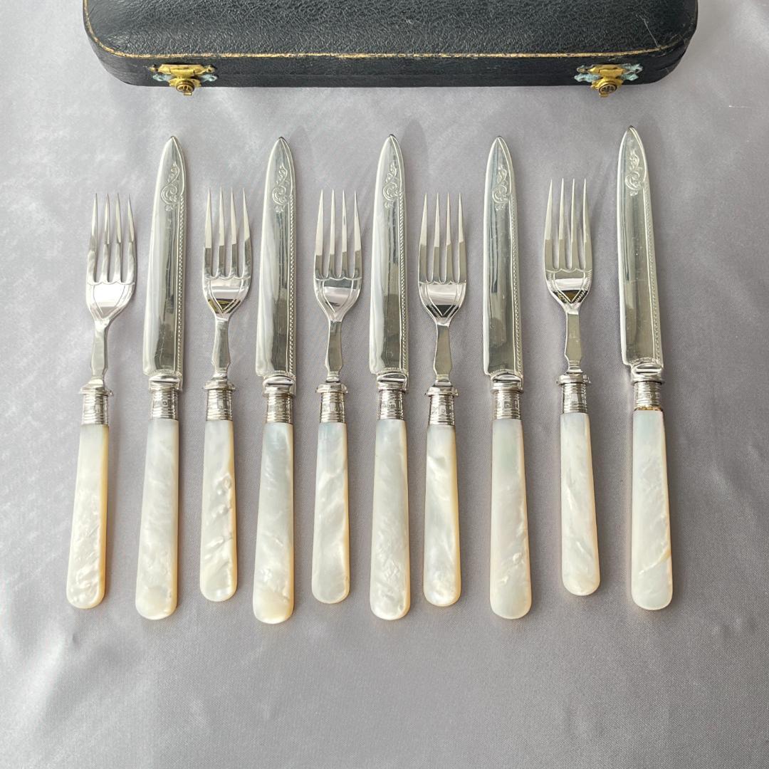 【英国 】【白蝶貝 / 純銀継手】ビクトリアン デザートセット10本 1921年 Sold 純銀白蝶貝フォーク6本セット | アリスアンティークス オンライン