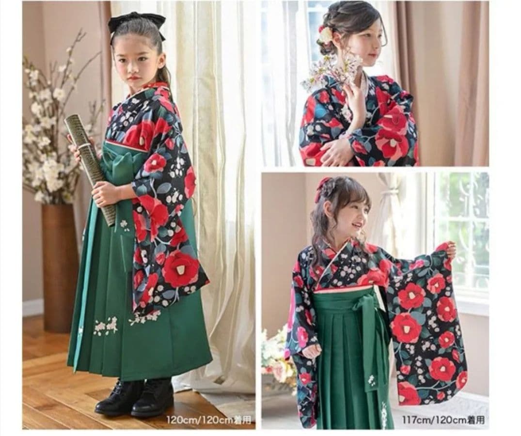 t*o様 キャサリンコテージ 袴セット 160 椿ブラック×緑袴 肌襦袢M