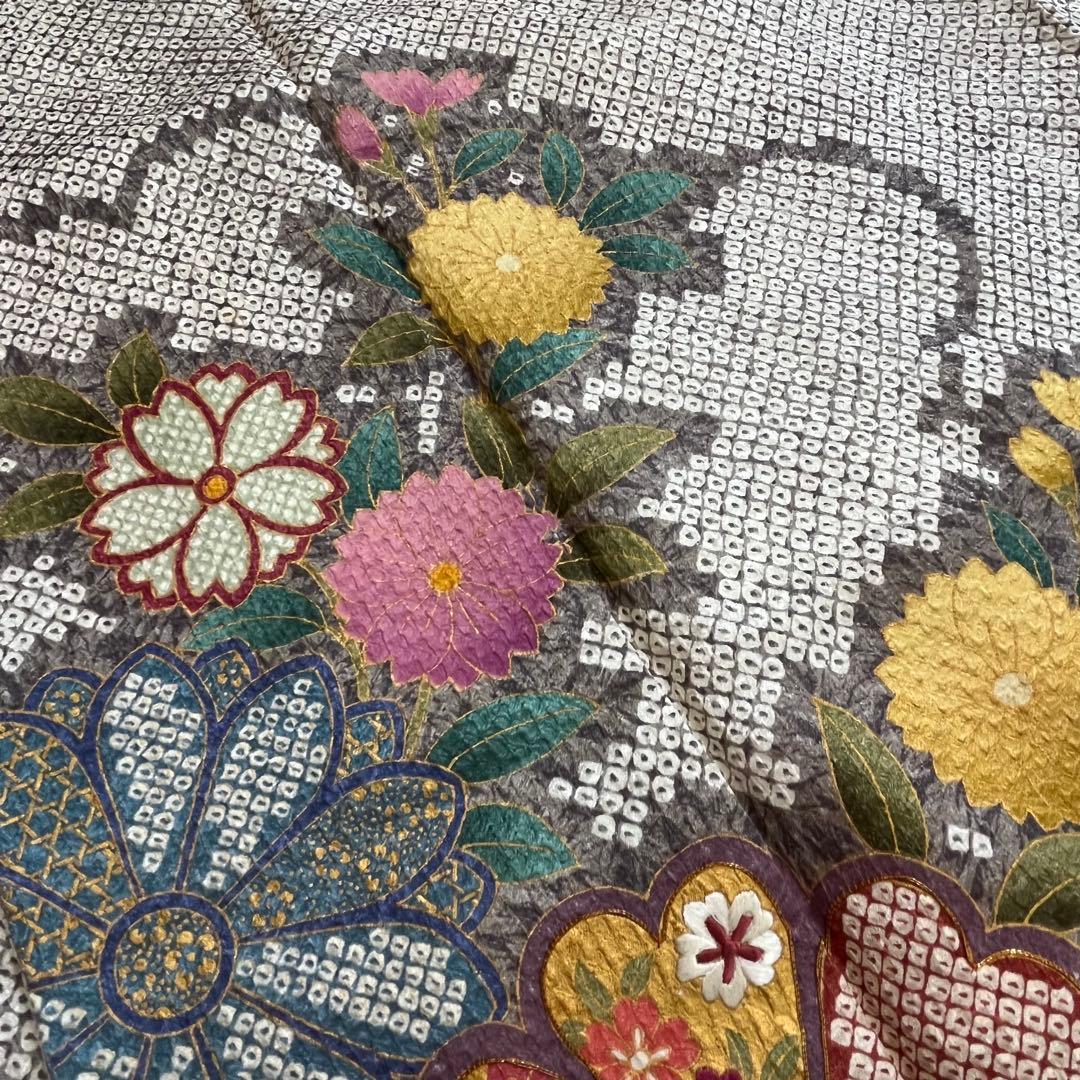 振袖 振り袖 成人式 フルセット 正絹 灰色 グレー 灰茶 絞り 菊 花柄