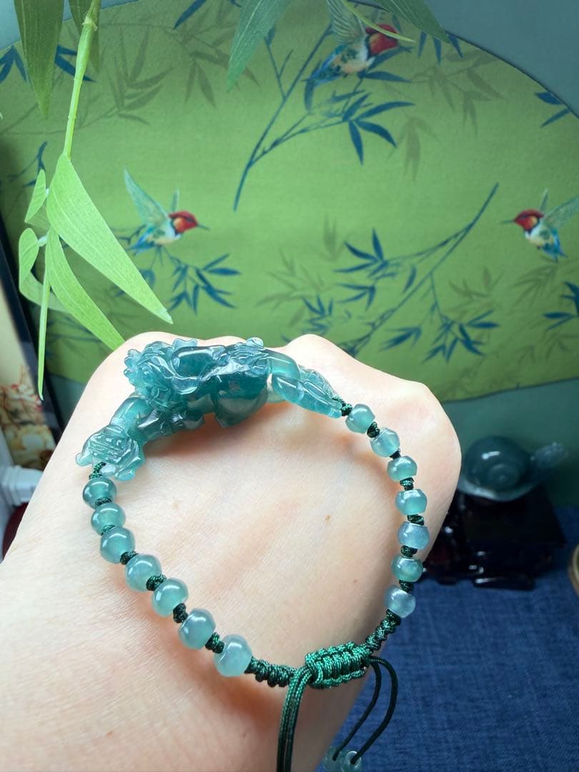 天然本翡翠 氷種深海ブルー【環環相連】精巧な貔貅手編みブレスレット