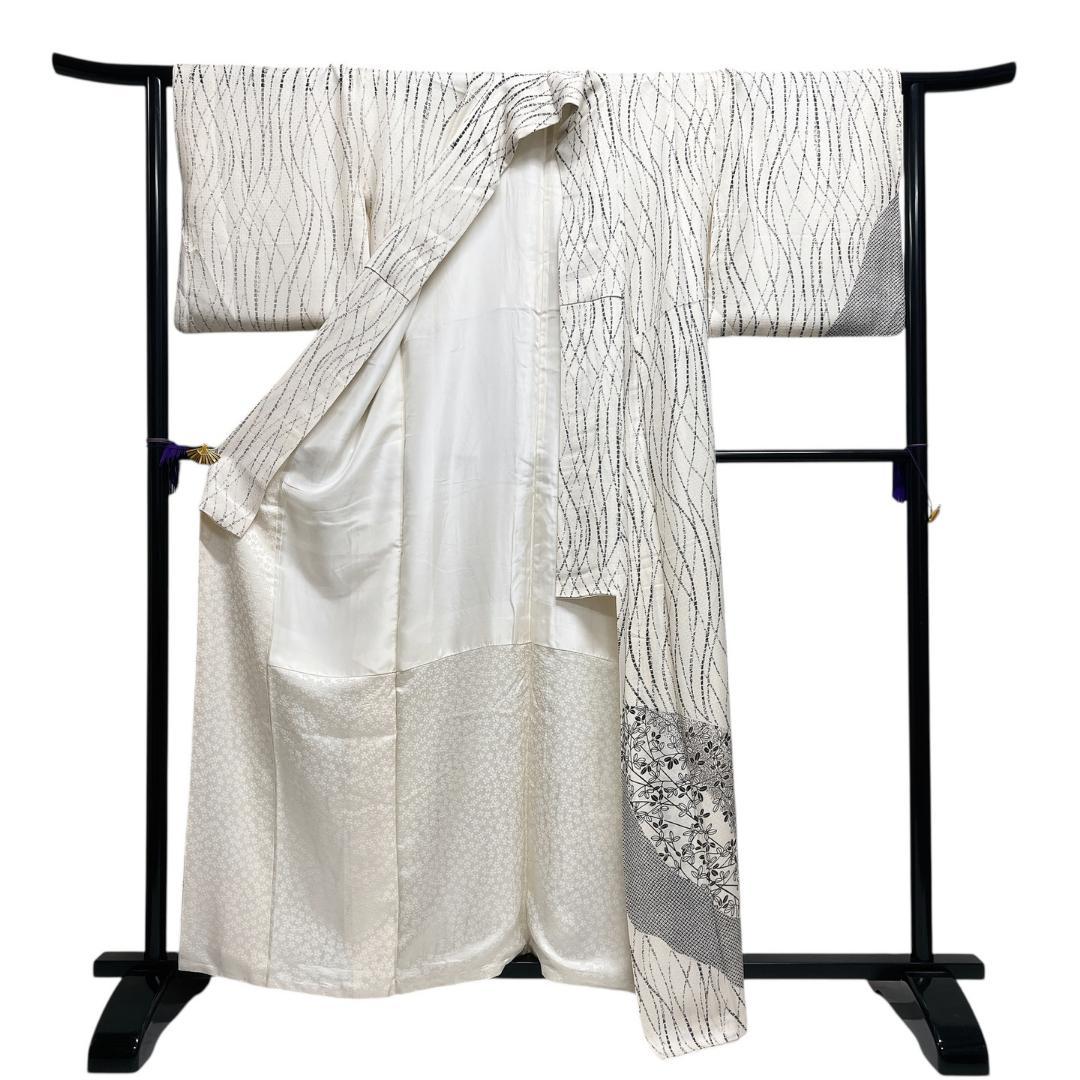 作家もの 付け下げ モノトーン よろけ 縦縞 網目地紋 着物 114b d ms