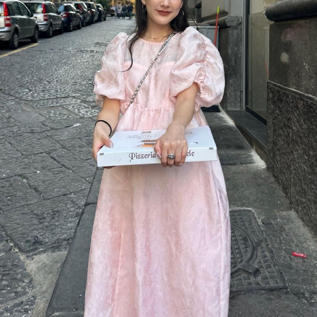 ANDRSED バブルスリーブジャガードドレス ピンク　S ANDRESD ドレス バブルスリーブジャガードドレス / bubble sleeve