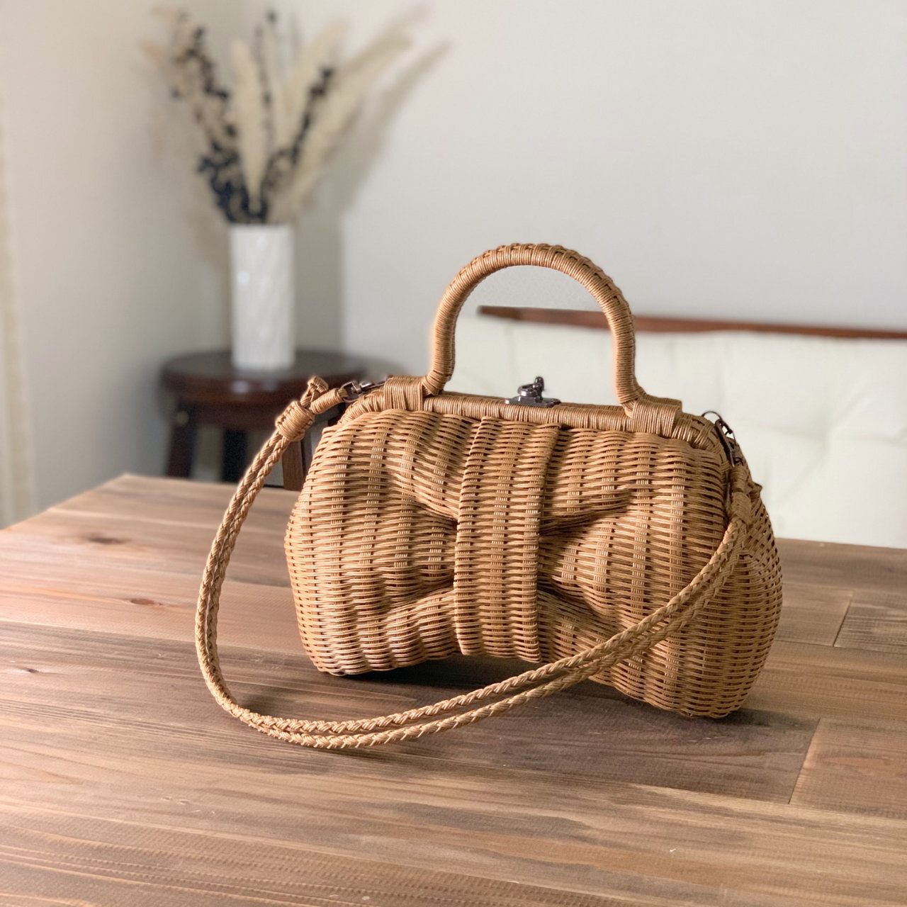 受注制作】かごバッグ - リボン - 茶 - LOPのがまぐちバスケット