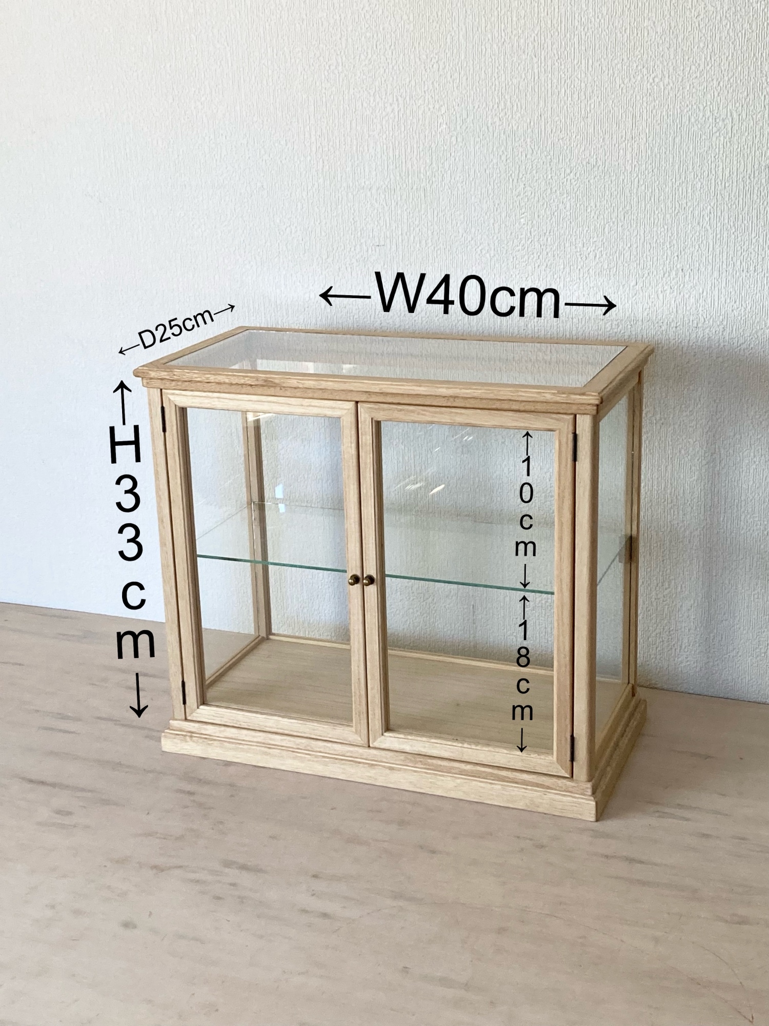 サイズオーダー可］木製ガラスケース 横長 観音開き 卓上 ショーケース