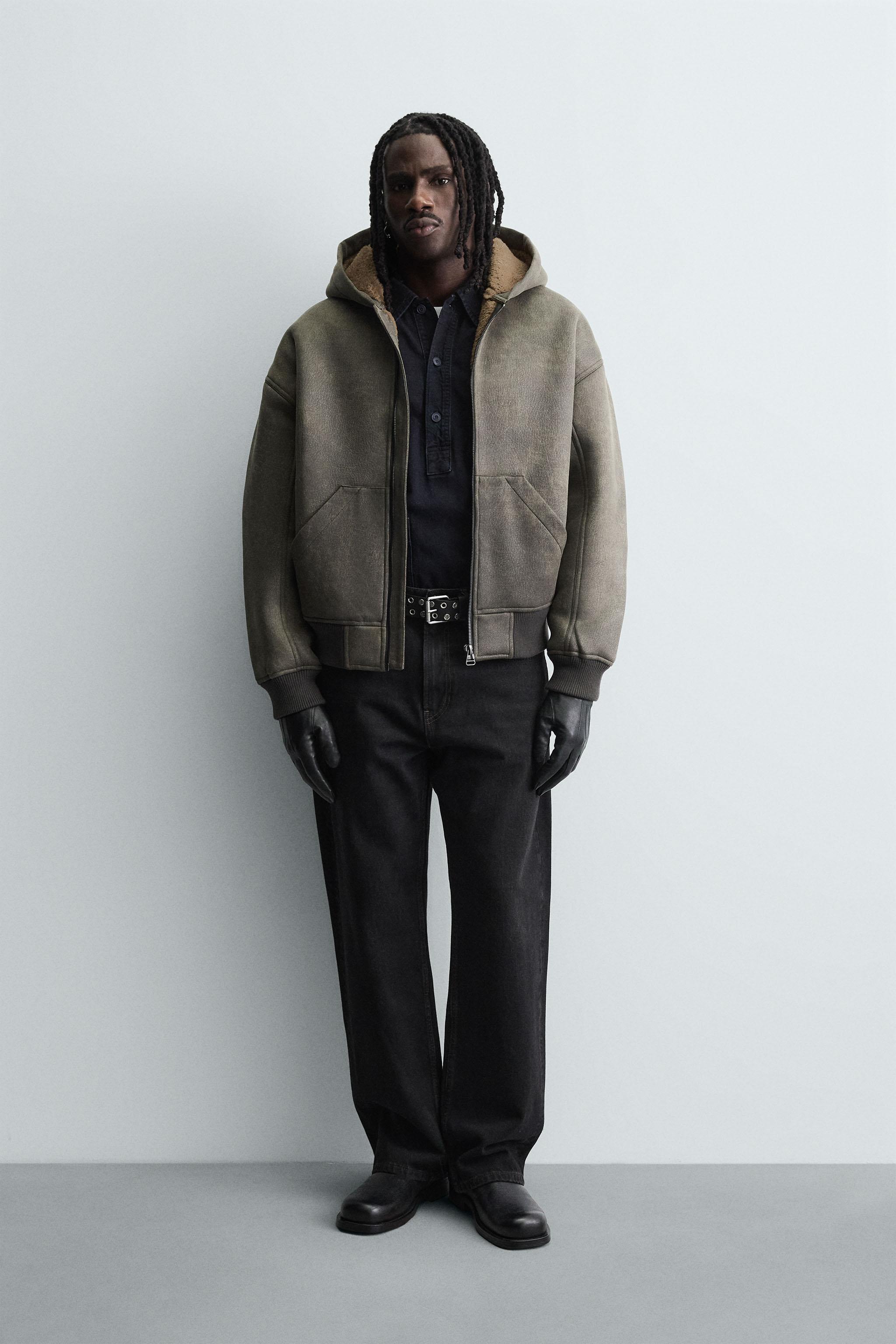 DOUBLE FACED WASHED FAUX LEATHER JACKET - Khaki Green | ZARA