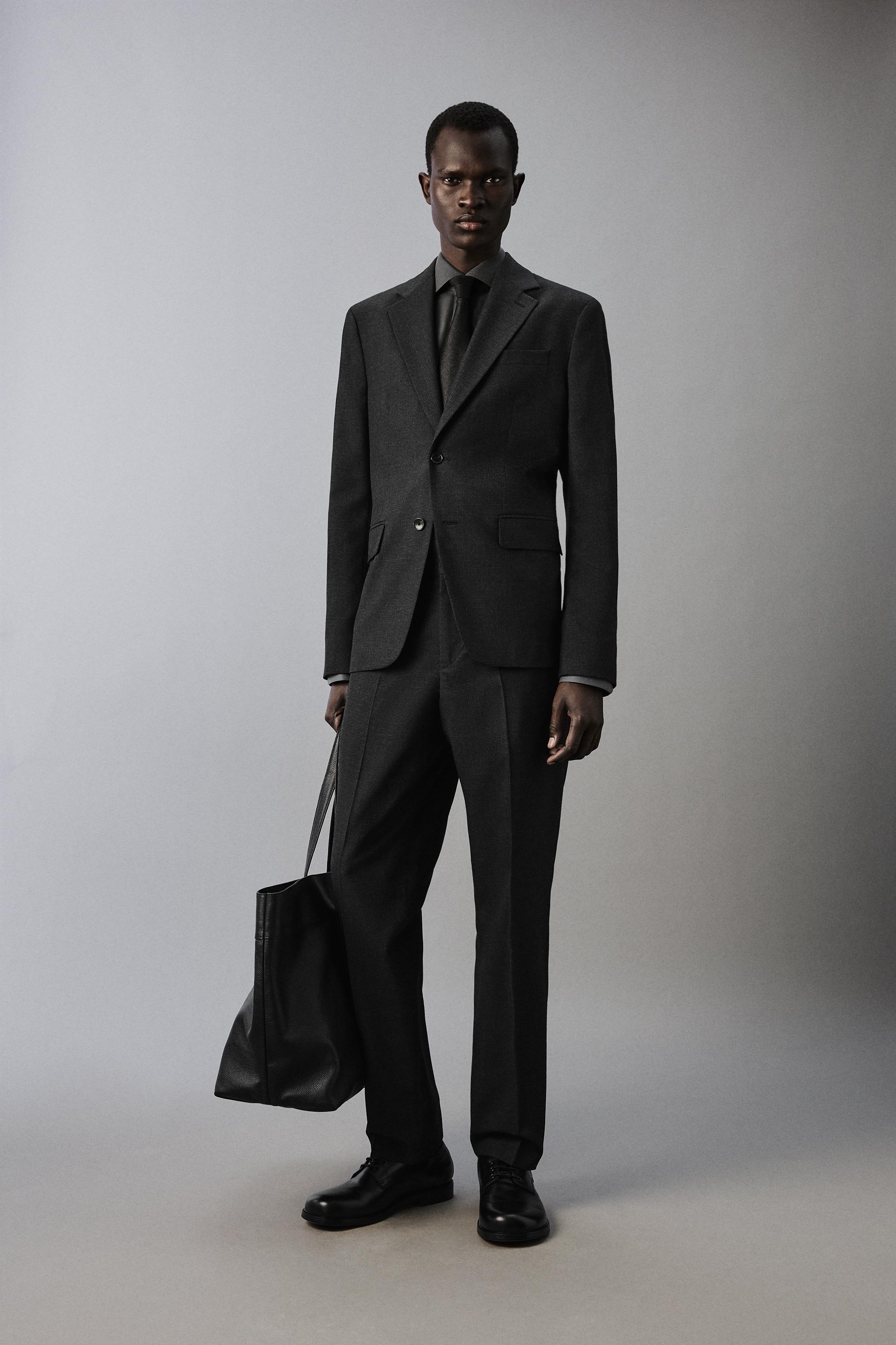 テクスチャー生地チェック柄スーツパンツ - チャコールグレー | ZARA